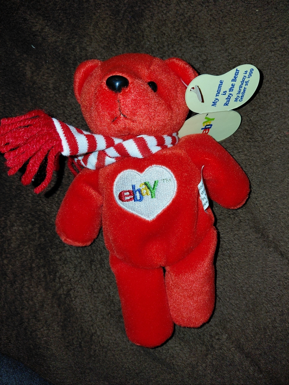 Ebay ruby the bear Red Plush Teddy Bear with Heart Logo and Striped Scarf